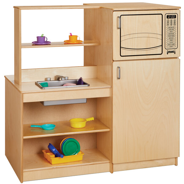 A Jonti-Craft wooden mobile kitchen play set with a sink, microwave, and refrigerator.