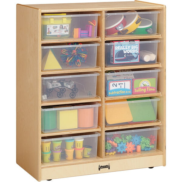 A Jonti-Craft wooden storage cabinet with clear plastic bins on shelves.