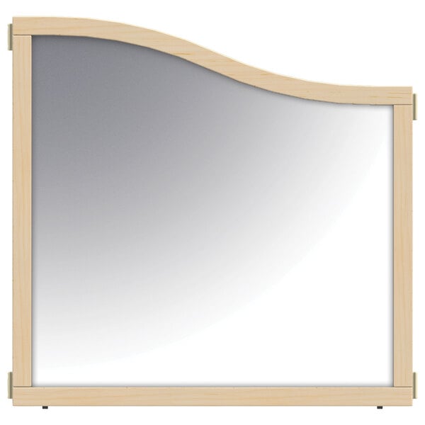 A wooden mirror with a curved wooden frame.