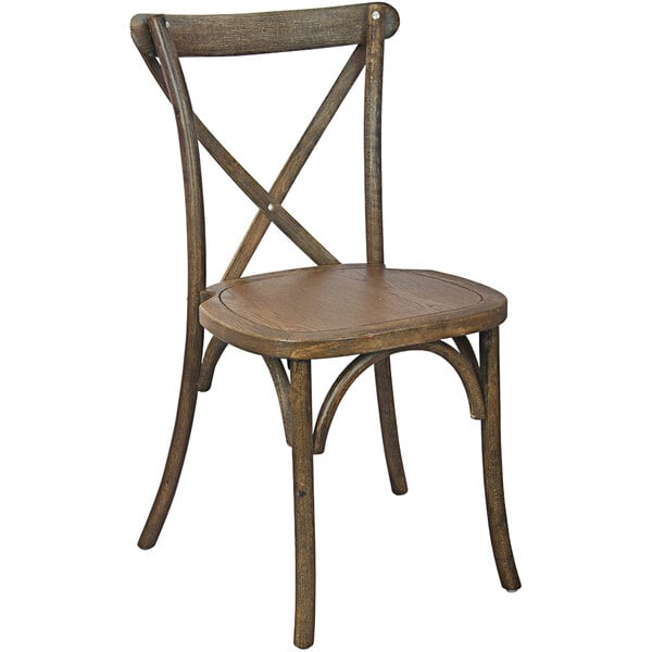 A Flash Furniture dark natural wood dining chair with a cross back.