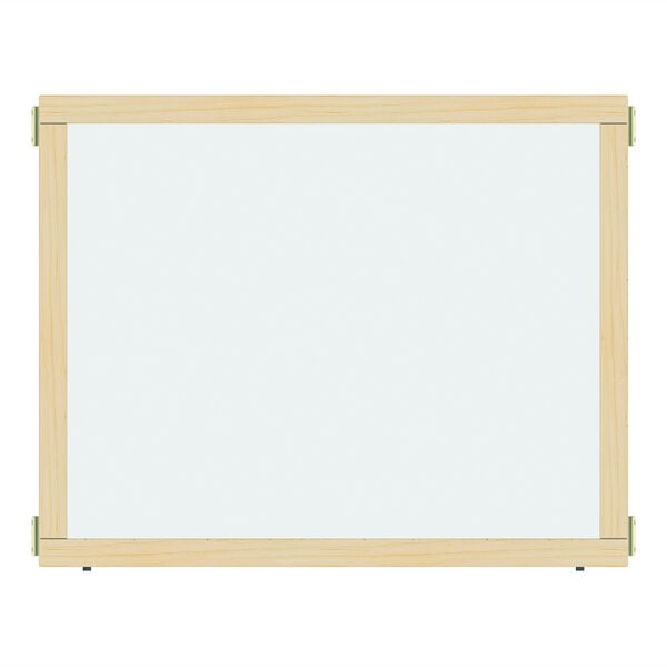 A white board with a wooden frame.