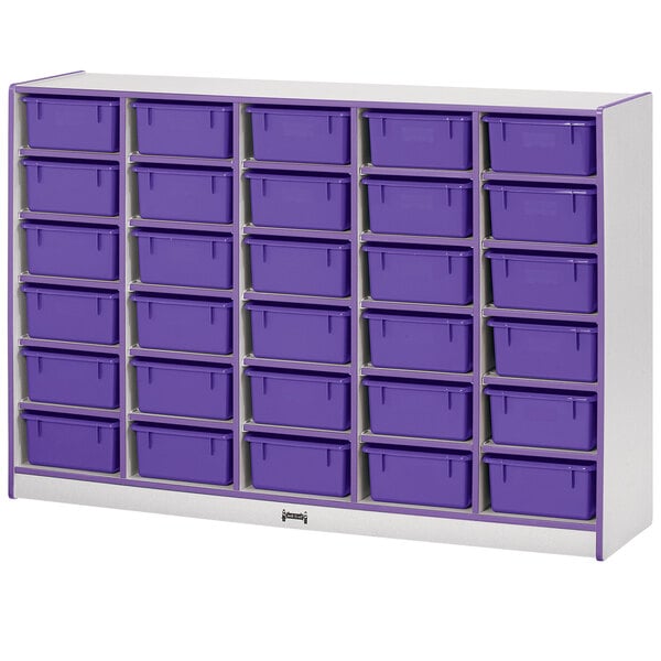 A white and purple Rainbow Accents mobile storage unit with purple bins on a white shelf.