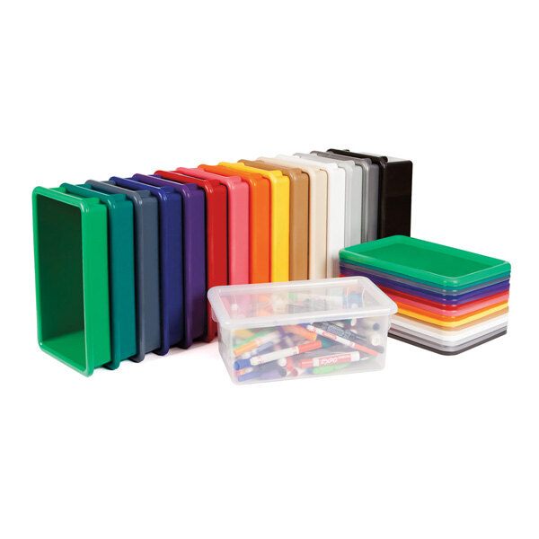 A group of red, blue, and green Jonti-Craft plastic cubbie trays.