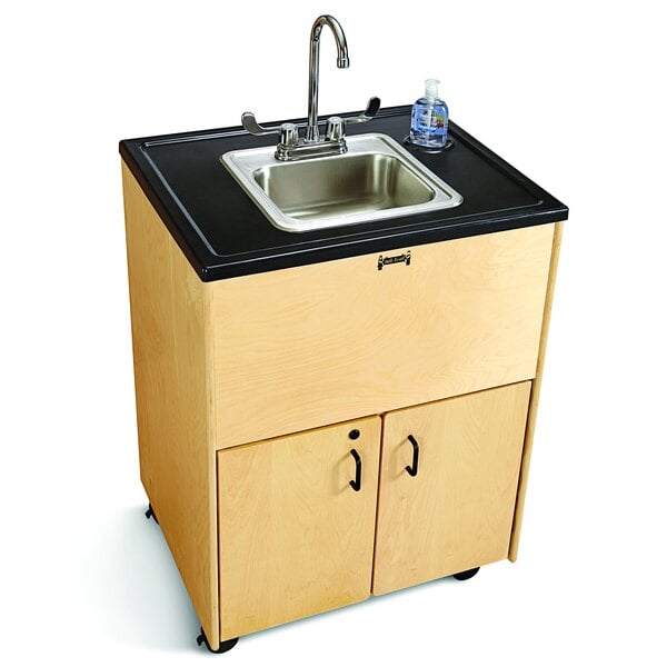 A Jonti-Craft mobile clean hands helper with a black sink and cabinet on wheels.