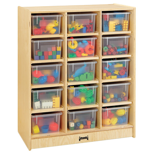 A Jonti-Craft wooden storage cabinet with plastic bins on shelves.