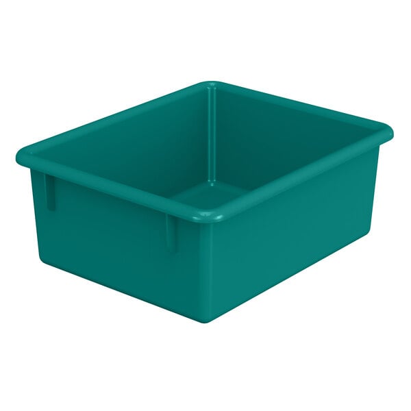 A teal plastic container for classroom storage.