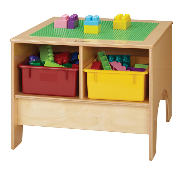 a wooden table with a shelf full of toys