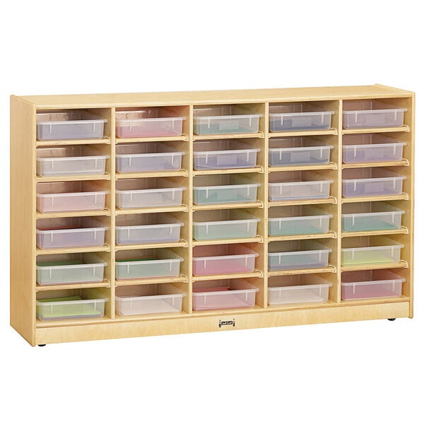 A Jonti-Craft wooden storage cabinet with clear plastic bins.