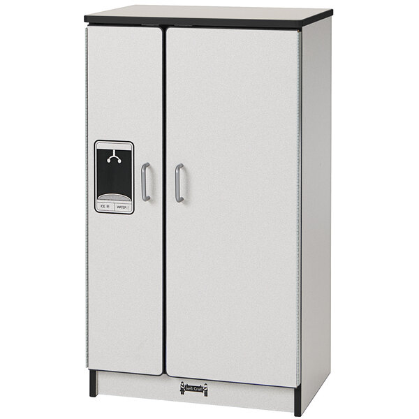 A black Rainbow Accents kitchen refrigerator with white cabinets and handles.