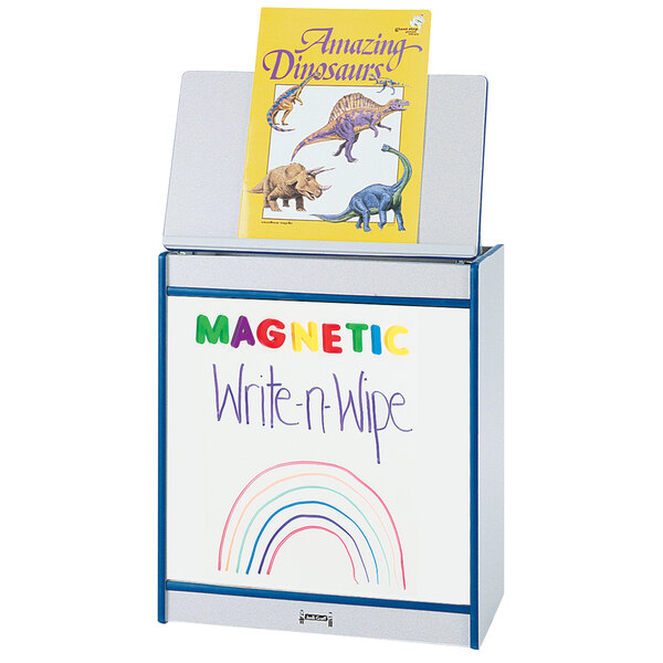 A blue Rainbow Accents big book easel with magnetic white-write board.