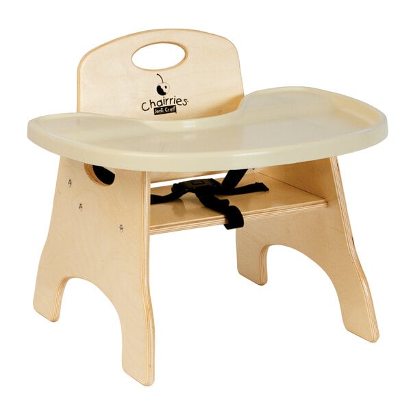 A Jonti-Craft wooden High Chairries with a black seat.