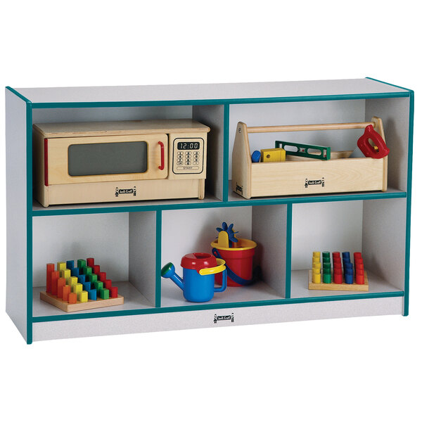 A Rainbow Accents mobile storage cabinet with toys on a shelf.