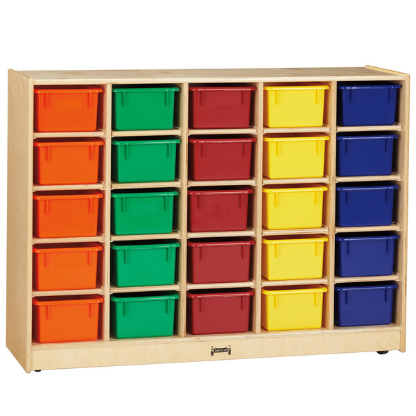 A Jonti-Craft wooden storage cabinet with many small, colored bins on wheels.