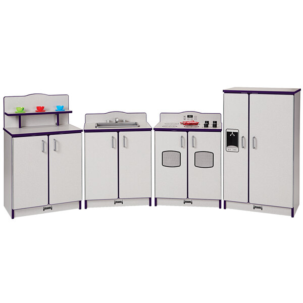 A white and purple kitchen cabinet with a shelf.