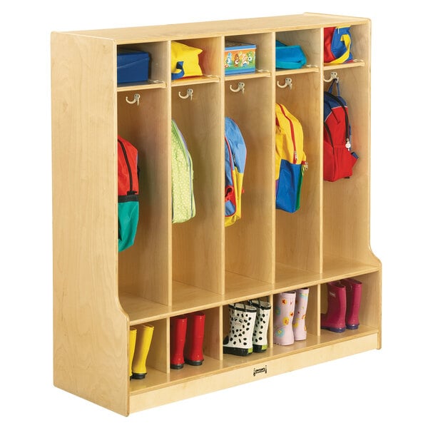 A Jonti-Craft wooden coat locker with five sections.