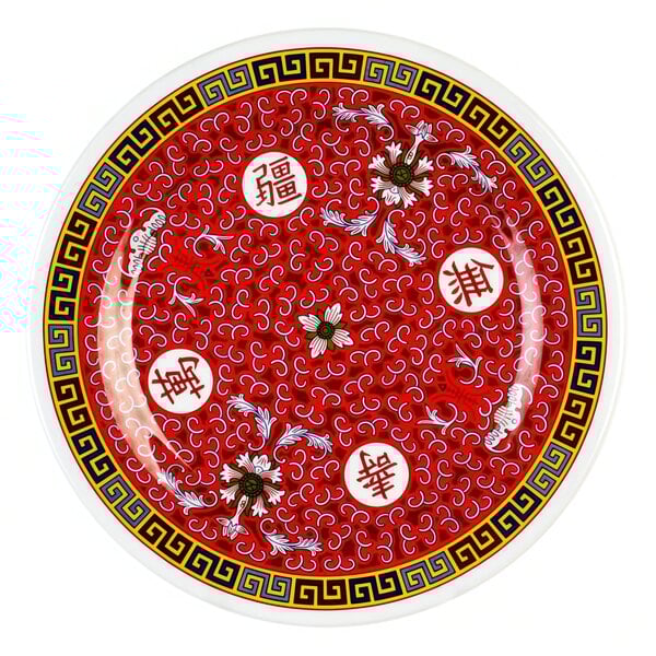 A red and white Thunder Group Longevity melamine plate with chinese characters in red.