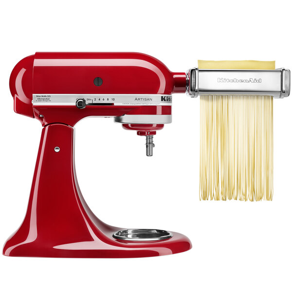 A KitchenAid pasta cutter attachment with red accents.