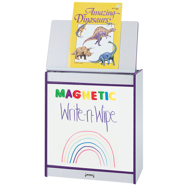 A purple and yellow Rainbow Accents big book easel with a white magnetic write-n-wipe board.