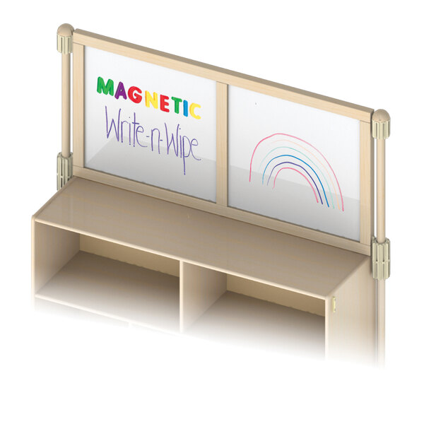 A white KYDZ Suite Magnetic Write-n-Wipe Upper Deck Divider with writing on it.