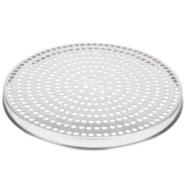 An American Metalcraft round metal pizza pan with holes.