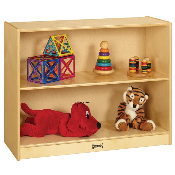 A Jonti-Craft wooden classroom shelf with toys and a stuffed animal.