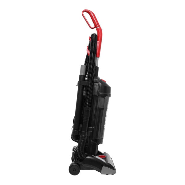 A black and red Sanitaire bagless upright vacuum cleaner.
