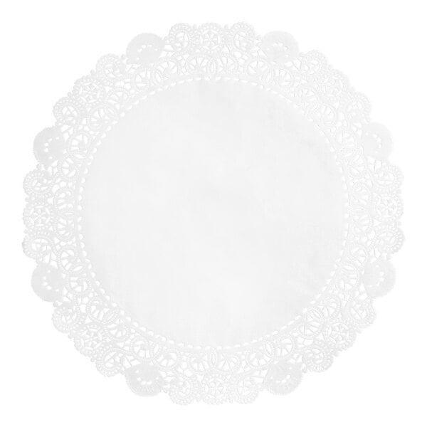 A round white lace doily with an intricate, decorative cut-out border.