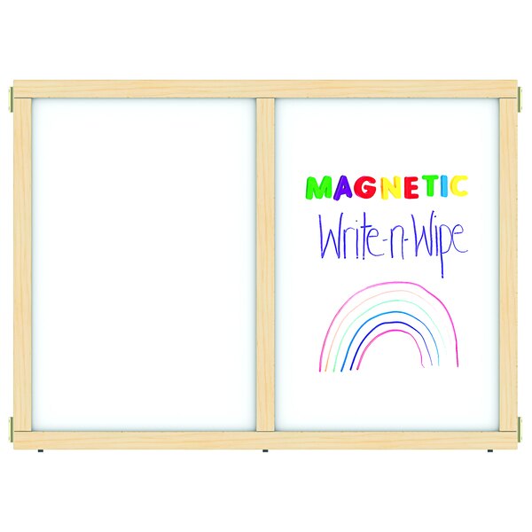 A white magnetic write-n-wipe panel with a rainbow drawn on it.