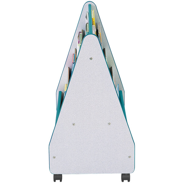 A teal and gray Rainbow Accents mobile double-sided book stand with wheels.