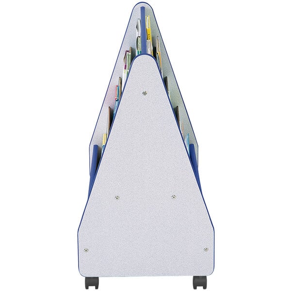 A blue Rainbow Accents mobile double-sided book stand with white edges and wheels.