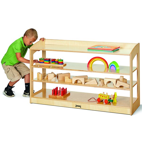 a wooden shelf with toys