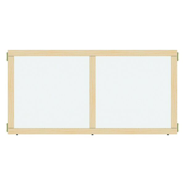 A white board with a wooden frame and two clear panels.