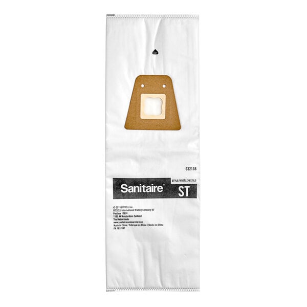 A white Sanitaire vacuum bag package with brown bags inside.