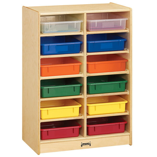 A Jonti-Craft wooden storage cabinet with 12 colored paper trays on a wood shelf.