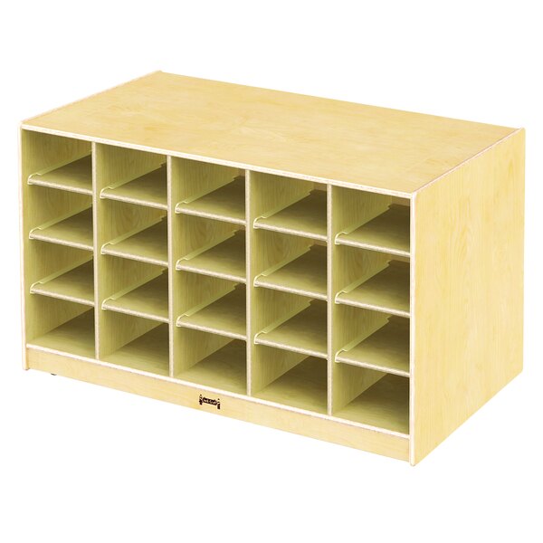 A Jonti-Craft mobile wood storage island with many cubbies.