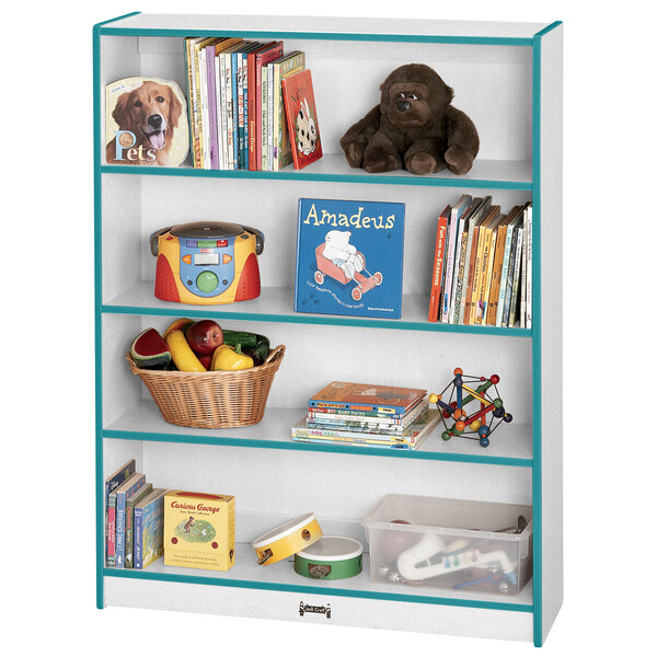 A white Rainbow Accents tall bookcase with toys on it.