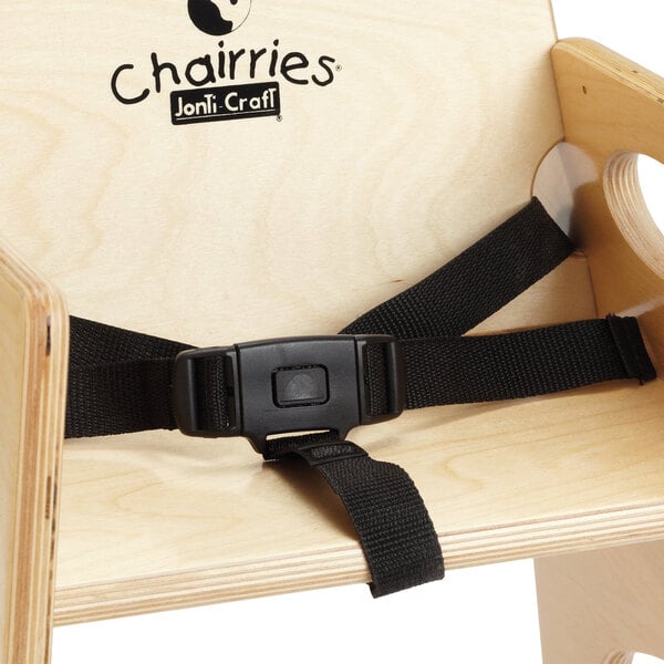 A Jonti-Craft Baltic Birch high chair with a 3-point seat belt kit attached.