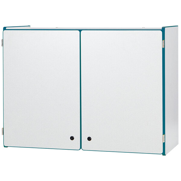 A white rectangular cabinet with teal doors and a blue trim.