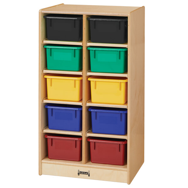 A Jonti-Craft wooden storage cabinet with colored bins on a wood surface.