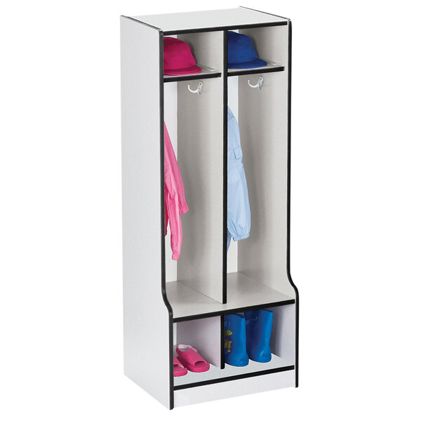 A black and freckled-gray Rainbow Accents coat locker with clothes and shoes inside.