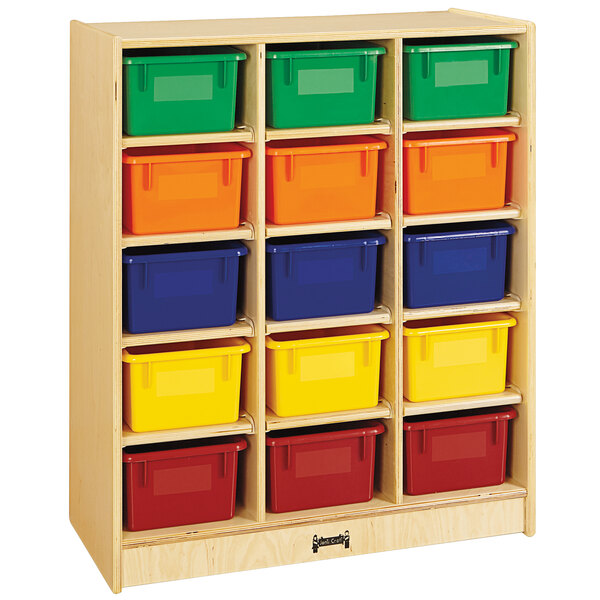 A Jonti-Craft wooden storage shelf with many different colored bins on it.