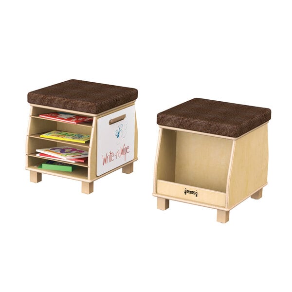 A pair of wooden stools with storage shelves and whiteboard seats.