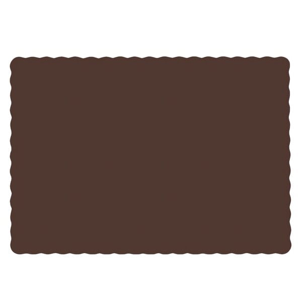 A brown rectangular placemat with scalloped edges.