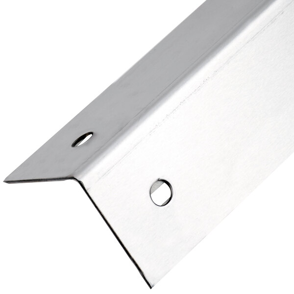 A stainless steel wall corner guard with holes on the side.