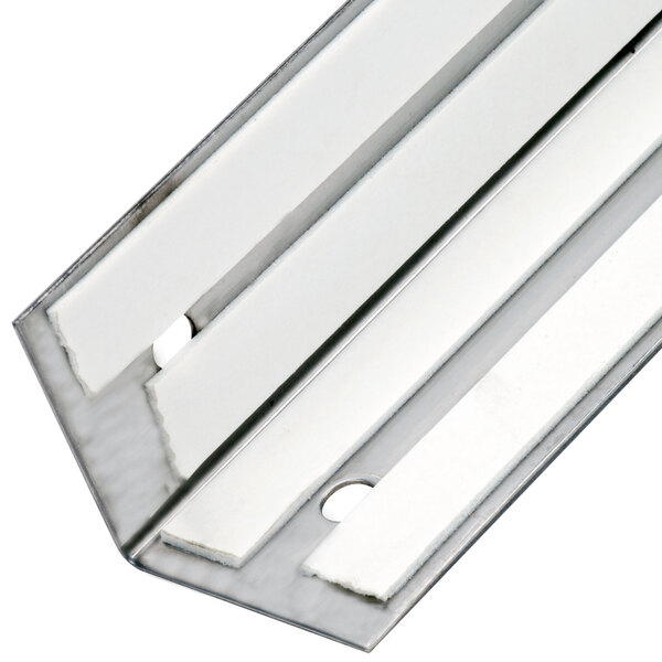 A stainless steel metal bar with two white metal brackets.
