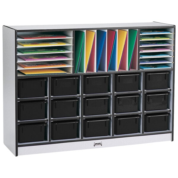 A Rainbow Accents black laminate storage cabinet with shelves of file folders and black bins.