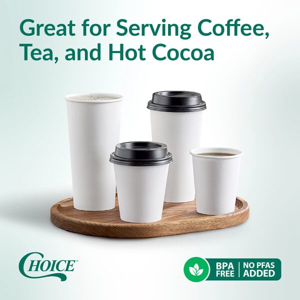 Multiple paper cups sitting on a wood tray with a green and white background and marketing text.