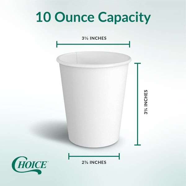 Choice white paper cup shown with cup measurements and a green and white background.