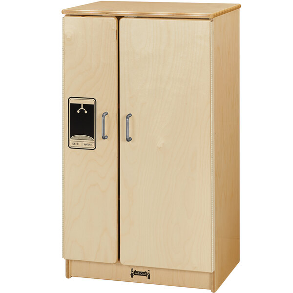 A Jonti-Craft wooden kitchen refrigerator with two doors and a lock.