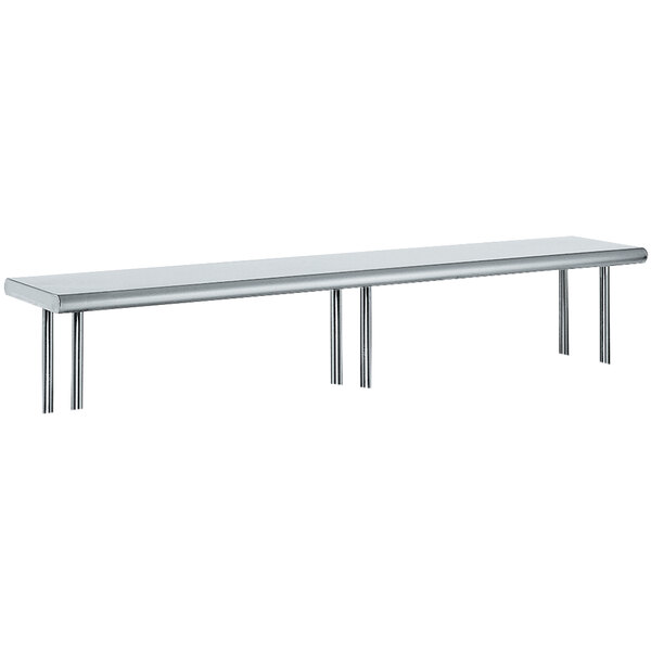 A long stainless steel shelving unit with table legs.